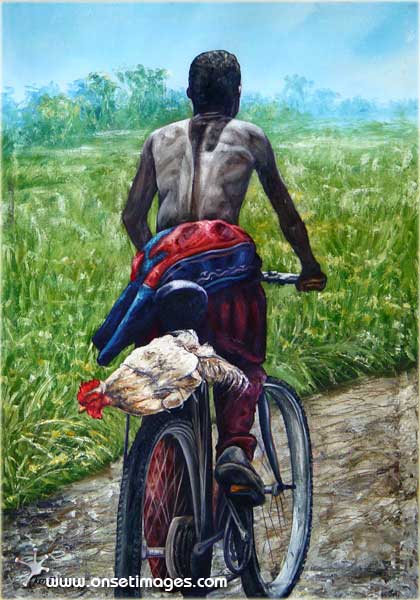 Cyclist with chicken by Artist Keith Zenda