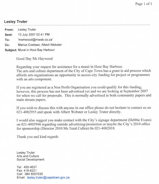 email endorsed by Marga Haywood, Councillor of the 'Republic of Hout Bay'